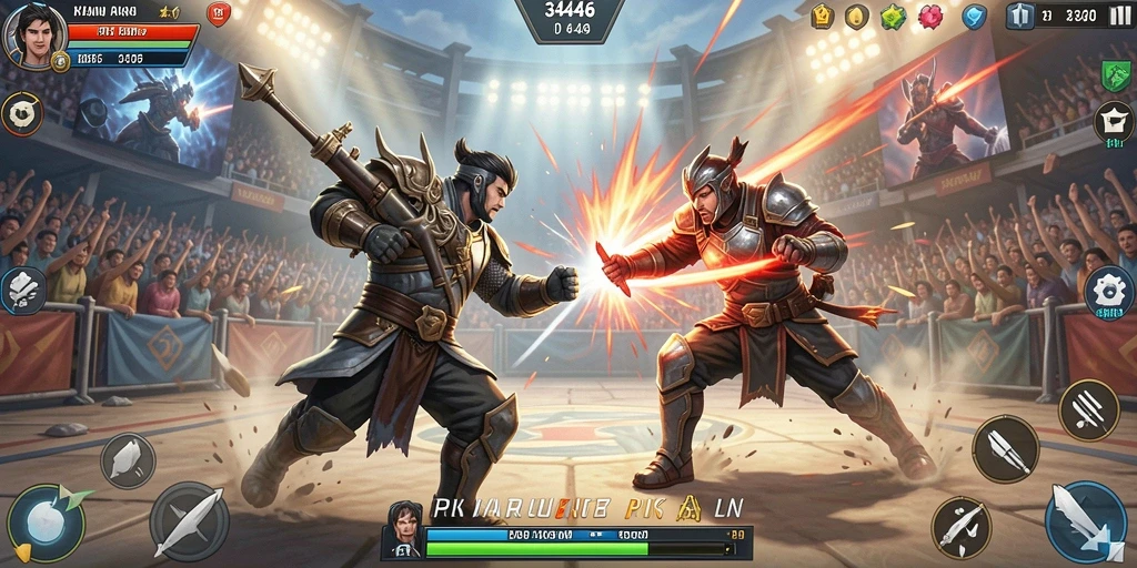 Tampilkan karakter bertarung dalam arena yang menegangkan.