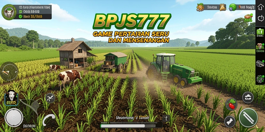 Screenshot gameplay BPJS777 yang menunjukkan ladang yang subur dan hewan ternak.