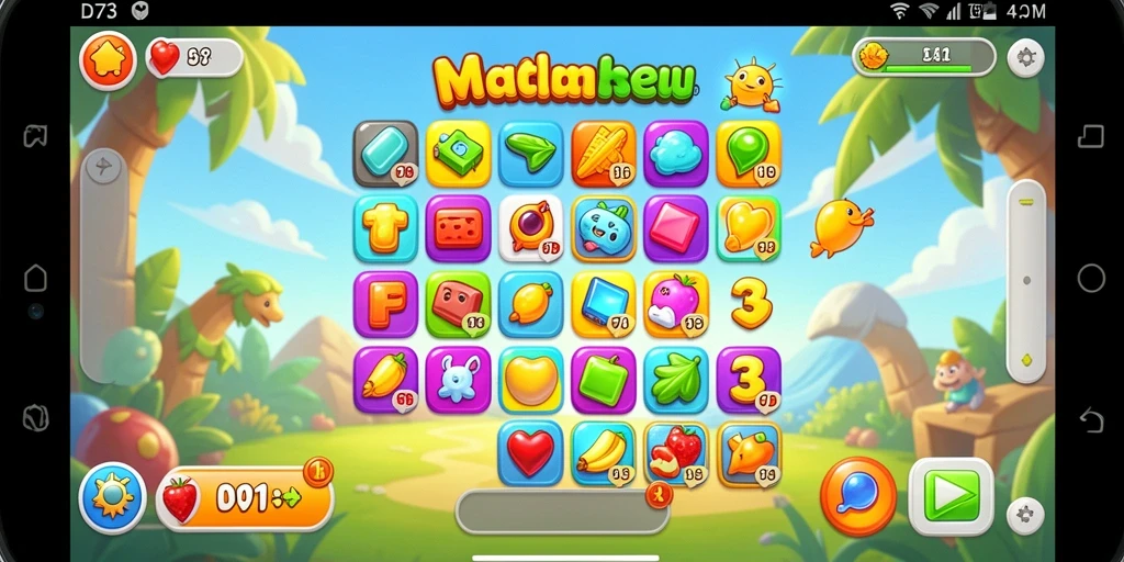 Screenshot D73 yang menunjukkan momen permainan Match-3 yang seru.