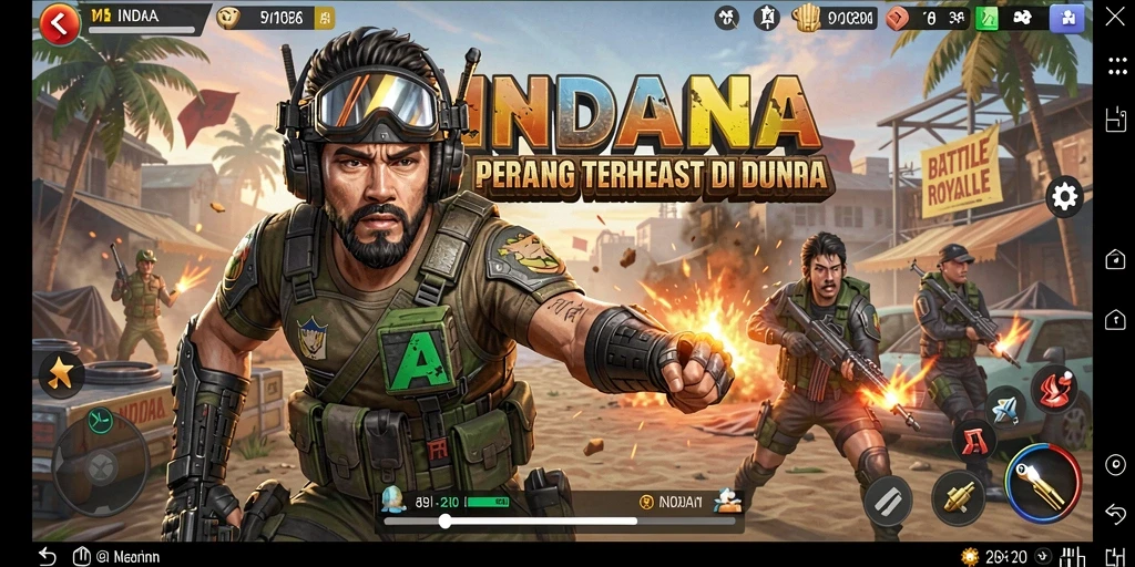 Screenshot utama INDAAA menampilkan pertempuran epik dalam suasana Battle Royale.