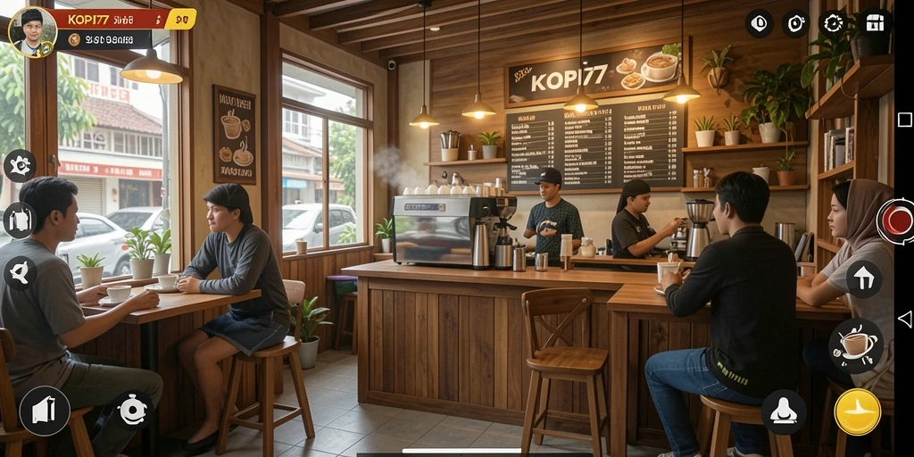 Screenshot gameplay KOPI77 yang menunjukkan kedai kopi yang ramai.