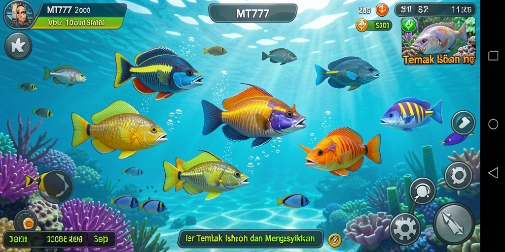 Tampilan gameplay MT777 dengan berbagai ikan yang menunggu untuk ditembak.