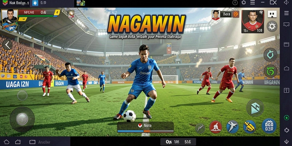 Screenshot utama NAGAWIN menampilkan aksi seru dalam gameplay sepak bola.