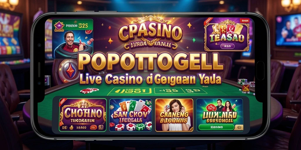 Screenshot utama POPOTOGEL menunjukkan dealer cantik dan meja permainan yang elegan.