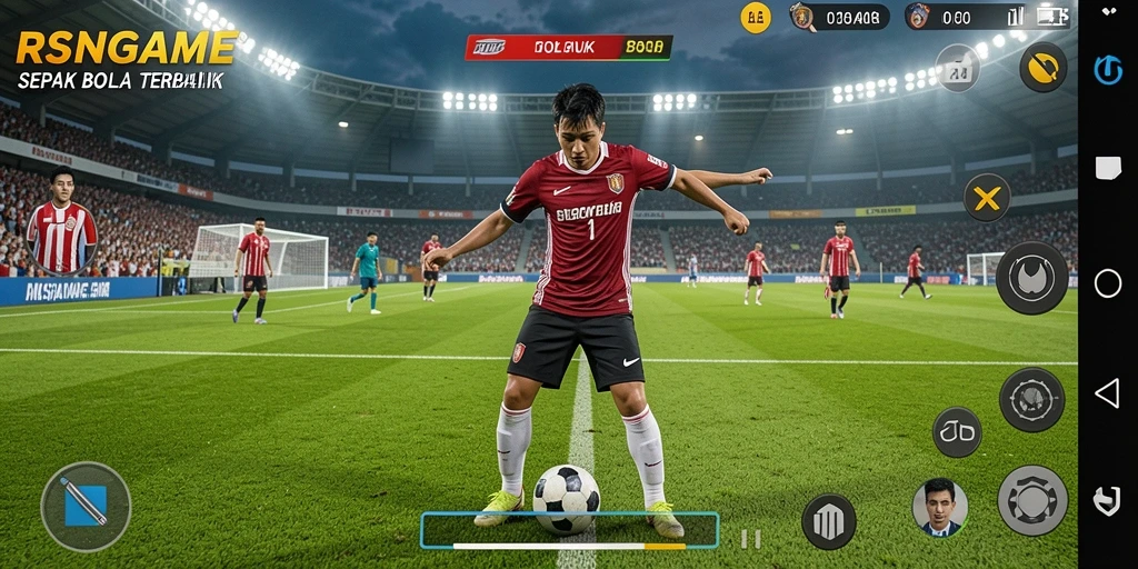 Tampilan gameplay seru dalam RSNGAME dengan aksi sepak bola nyata.