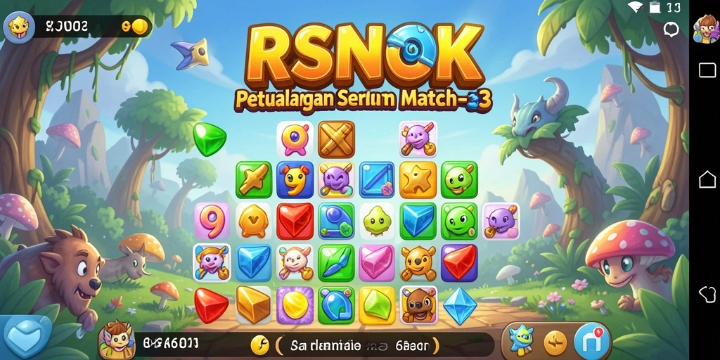 Screenshot gameplay RSNOK dengan beragam permata yang bersinar.