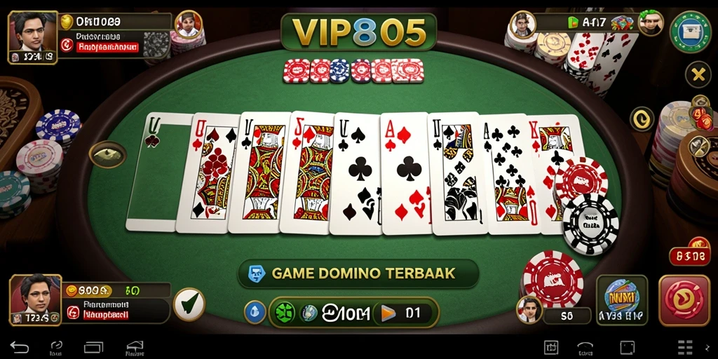 Screenshot utama gameplay Domino dengan berbagai kartu menarik.